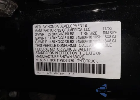 2023 Honda Ridgeline Sport from USA, damaged, VIN 5FPYK3F11PB061780